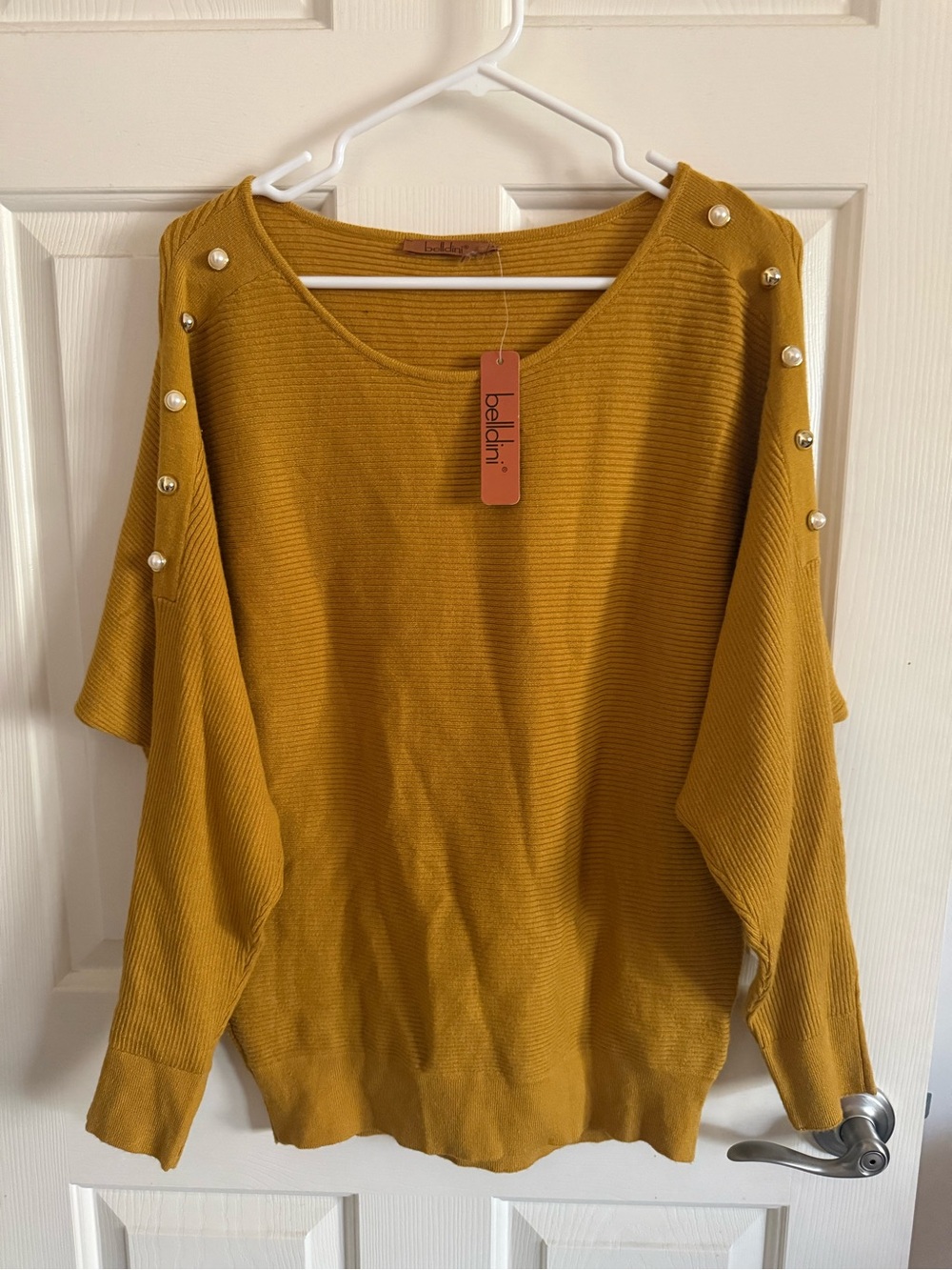 Belldini Mustard Ribbed Crewneck Sweater with Pearl Shoulder Buttons